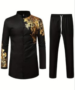 Men'S African Two-Piece Long-Sleeve Golden Print Traditional Waist-Tied Shirt And Pants Set, Ethnic Dashiki Outfit.