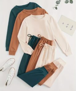 Women'S Solid Long Sleeve T-shirt And Drawstring Pants Lounge Set, Comfortable Clothing, Women'S Pajamas, Sleepwear Sets, Soft Casual And Comfortable Sleepwear Sets