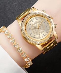 2pcs/set Women'S Watch and Bracelet Set | Gorgeous and Sparkly Quartz Watch with Rhinestones, Fashionable Jewelry Set, Non, Shock-resistant, Analog Display, Alloy Case and