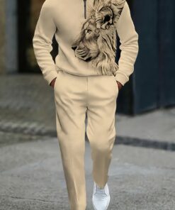2025 Men'S Autumn/Winter Long Sleeve Pants Suit, Men'S Top with Lion Big Face Design, Polo Neck Zipper Design Solid Color Loose Comfortable Men'S Pants, Suitable for Daily Casual Use