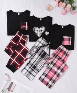 A New Six-piece Set Of Casual Home Wear for Women, Featuring Heart-shaped Printed Long-sleeved Tops, Long-sleeved And Short-sleeved Round-neck Checkered Tops with Pockets, And A Comfortable And Loose Fit, Making It Perfect for Casual Home Wear