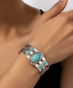 One Irregular Geometric Blue Gemstone Court Luxury Open Bracelet | Vintage Boho Style, Suitable for Daily Wear