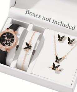 6pcs Women'S Elegant Butterfly-Themed Faux Leather Analog Watch & Jewelry Set - Quartz Movement Watch with & Golden Hands, Matching Necklace, Earrings, Bracelet & Rings - Everyday & Special Occasion Accessories, Durable Battery-Powered (CR2030) - Id