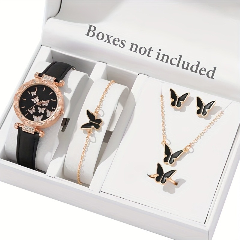 6pcs Women'S Elegant Butterfly-Themed Faux Leather Analog Watch & Jewelry Set - Quartz Movement Watch with & Golden Hands, Matching Necklace, Earrings, Bracelet & Rings - Everyday & Special Occasion Accessories, Durable Battery-Powered (CR2030) - Id