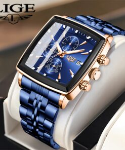 LIGE 2025 Women'S & Men'S Luxury Square Watch with Luminous Analog/Digital Display, Date Chronograph, Stainless Steel Strap, Blue Dial & Golden-Tone Markers - Quartz Wristwatch for Casual & Business, Unisex Elegant Gift, Casual Attire, Professional Timepiece, Modern Wristwatch, Contemporary Design, Precision Quartz Movement, Durable Construction, Analog Digital Watch, Mens Watches, Watches For Women, Women'S Watches