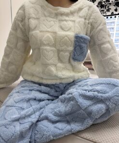 Women's Solid Color Loungewear Pajama Set with Heart Jacquard, Top with Front Pockets, 100% Polyester for Autumn and Winter Wear