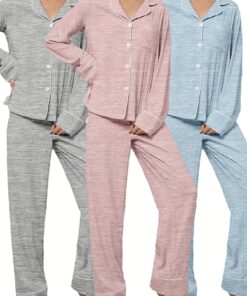 3 Sets Of 6pcs, Women's Casual Polyester Solid Color Long Sleeved Top, Long Pants Sleepwear Set, Fabric, Long Sleeved Lapel Top Paired with Loose Pants, Comfortable Home Casual Home Wear Can Be Worn Outside