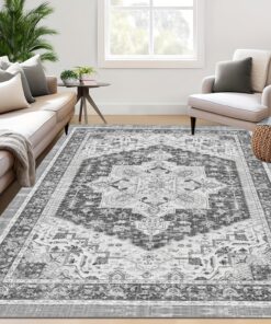 Large Vintage Velvet Area Mat - Washable, Non-Slip, Foldable for Living Room, Bedroom, Dining Room, Office - Elegant Geometric Design in Gray and Beige, Rectangular Shape, Machine Washable, Rugs for Living Room