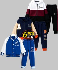 6pcs Autumn Fashion Boys' Set of Four, 3 Tops And 3 Pairs of Pants, Autumn New Multi-Piece Pullover Sweatshirt Boys Long Sleeve Autumn Outdoor Leisure Sports Suit, for Outdoor