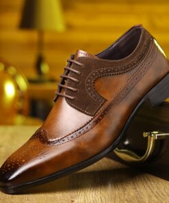 Men'S Classic Pointed Toe Oxfords - Breathable Synthetic & Rubber Sole, Brown Faux with Black Accents, Lace-Up Dress Shoes for Business, Weddings, Easter & Casual Wear, Wedding Shoes, Sophisticated Shoe Design