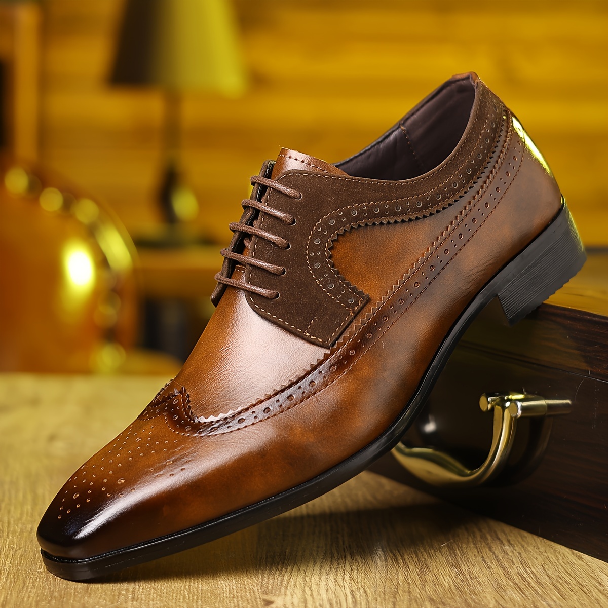 Men'S Classic Pointed Toe Oxfords - Breathable Synthetic & Rubber Sole, Brown Faux with Black Accents, Lace-Up Dress Shoes for Business, Weddings, Easter & Casual Wear, Wedding Shoes, Sophisticated Shoe Design
