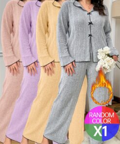 2/4 Plus-size Ladies' Home Service Suits, 2pcs Thick Long-sleeved Trousers In Autumn And Winter, Button- Tops And Loose And Comfortable Trousers Suits, Pajamas Suits And Plus-size Home Service Suits.