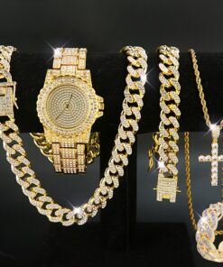 Set Of 5 Pieces, Men's And Women's Watch Set, Men's Cuban Necklace Bracelet Ring Set, Cross Necklace Set, Christmas Gift Set