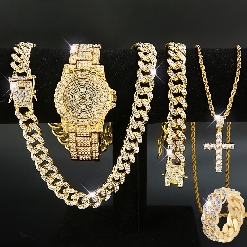 Set Of 5 Pieces, Men's And Women's Watch Set, Men's Cuban Necklace Bracelet Ring Set, Cross Necklace Set, Christmas Gift Set