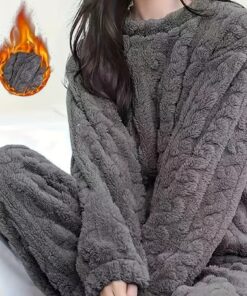 Ladies' Casual Fleece Pajama Set | Pure Color with Coral Fleece Lining, Thickening, Two-Piece, Crew Neck, Long Sleeve, Long Length Pants | Perfect for Autumn and Winter Home Wear and Warmth