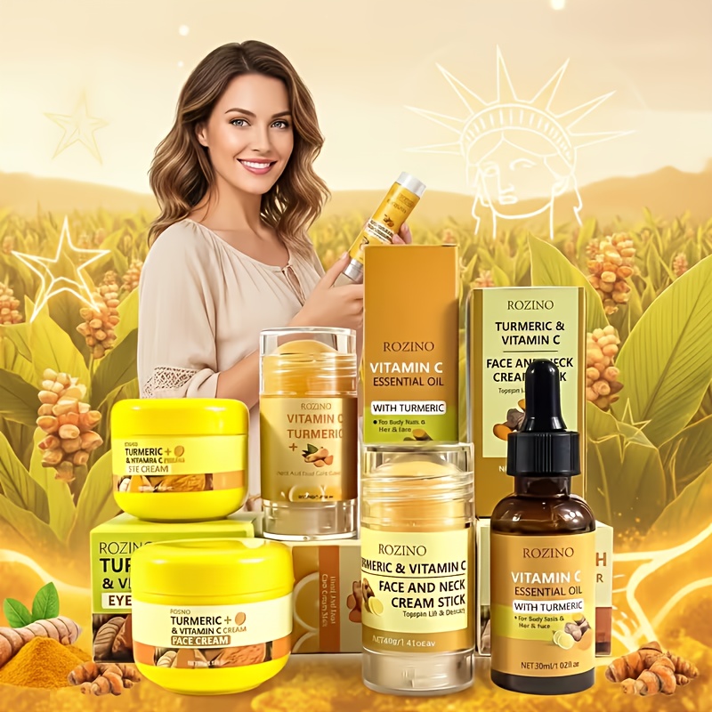 5pcs Turmeric Vitamin C Facial and Hand Foot Care Set | Hydrating Moisturizing Cream with Fine Texture, Instant Hydration, Brightening, Plumping, Softens, Smooths, and Balances Skin.
