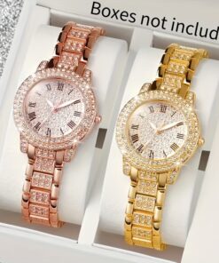 2pcs/Set Fashion Shiny Rhinestone Dial Women's Watches, Rose Golden Color Ladies Bracelet Quartz Wristwatch