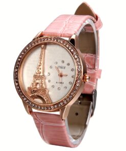 Jewelrywe Womens Fashion Eiffel Towel Rhinestone Dial Faux Leather Band Wristwatch Quartz Watch