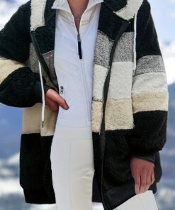 Plus Size Colorblock Faux Fur Coat, Casual Long Sleeve Zipper Drawstring Hooded Coat for Winter, Women's Plus Size Clothing