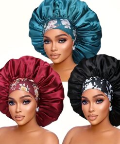 3pcs Satin Sleep Caps for Women - Breathable High-Density Hair Caps with Floral, Solid & Leafy Designs, Soft Elastic Edges for Chemotherapy, Night Hair Care & All-Season Use, Hair Bonnet for Sleeping, Elegant Sleepwear