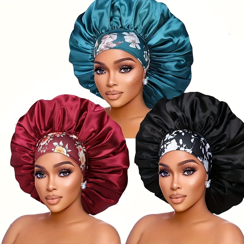 3pcs Satin Sleep Caps for Women - Breathable High-Density Hair Caps with Floral, Solid & Leafy Designs, Soft Elastic Edges for Chemotherapy, Night Hair Care & All-Season Use, Hair Bonnet for Sleeping, Elegant Sleepwear