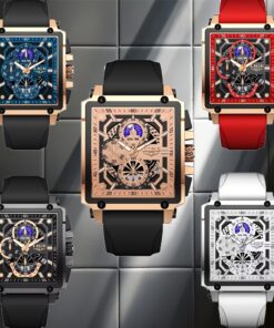 New LIGE Mens Watches Luxury Hollow Square Sport Watch Fashion Silicone Strap Quartz WristWatch