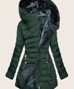 Women's Winter Warm Plush Hooded Coat - Full-Zip Front Closure Mid-Length Jacket with Hood, Loose-Fit Outerwear, Hand Washable Long Sleeve Winter Jacket for Cold Weather (Casual & Formal) - No-Stretch, Formal Outerwear, Classic Design, Cozy Material