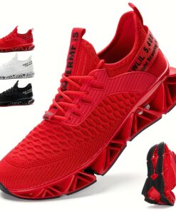 Men'S Low-Top Blade Sneakers with TPU Cushioned Traction Tread & Non-Slip Sole - Breathable Mesh Gym Shoes for Running, Tennis, Work, Walking - All-Season Comfort, Red/Black Sneakers with EVA Insole & Arch Support, Lace-Up Training Shoes for Men
