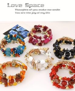 1pc Bohemian Retro Bracelet Colorful Natural Turquoise Multi-Layer Elastic Bracelet Wrapped Bracelet Exquisite Ethnic Style Jewelry