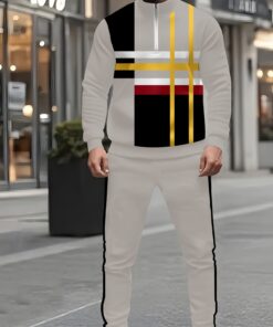 Men'S Stylish Casual Zip-Up Long Sleeve Hoodie and Pants Set, Plaid Striped Natural Color Pattern Design, Breathable Durable Warm Fabric - with Elastic Drawstring Design, Suitable for Golf Streetwear Halloween Gift Giving Men, Sweater Hoodie, Streetwear Outfit, Modern Streetwear, Comfortable Fit, Zipup Hoodie, Urban Style, Streetwear Fashion, Trendy Outfit, Durable Material, Streetwear Lovers