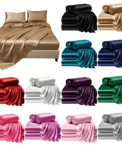 4pcs 100% Polyester 80g Satin Bedding Set | 1 Fitted Sheet + 1 Flat Sheet + 2 Pillowcases (No Inserts) | Luxurious Soft Fabric, Machine Washable, All-Season, Non-shrinking, Non-pilling, Ideal for Dorms and Bedding Protection