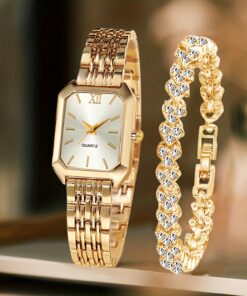 2pcs Women's Elegant Retro Watch Set - Luxury Heart Chain Court Style Quartz Watches with Rectangular Dial & Stainless Strap, Classic Analog Wristwatches for Easter Gift or Casual Attire