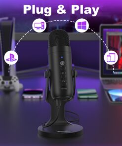 Haomuren USB Condenser Microphone with Type-C Adapter for Computer/PC/Phone, Plug&Play Gaming Microphone with Headphone Out & Volume Control, Mic Gain Control, Mute Button Vocal Perfect for Streaming, Podcasting, Recording