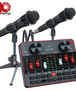 Podcast Equipment Bundle, All-in-One Audio Interface DJ Mixer with 2 Condenser Microphones, Recording Studio Kit Live Sound Card for Singing Broadcast, Live Streaming, Gaming