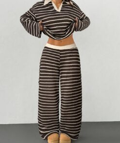 Women'S 2pcs Black And White Striped Waffle Outfit | Polo Collar Shirt And Wide-Leg Trousers, Ideal for Casual Early Fall Outings And Relaxed Home Wear