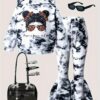 A Two-Piece Set for Girls Featuring a Stylish Tie-Dye Print Hoodie with Cartoon Designs And Flared Tie-Dye Pants. Soft, Casual, And Slightly Stretchy Clothing for Girls, Perfect As a Gift for Festive Celebrations And Parties, for Outdoor, Knit
