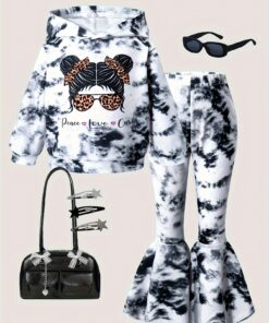 A Two-Piece Set for Girls Featuring a Stylish Tie-Dye Print Hoodie with Cartoon Designs And Flared Tie-Dye Pants. Soft, Casual, And Slightly Stretchy Clothing for Girls, Perfect As a Gift for Festive Celebrations And Parties, for Outdoor, Knit
