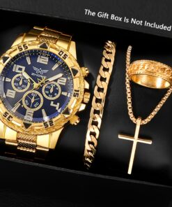 4pcs/set Men's Luxury Watch and Jewelry set - Quartz Analog Watch with Matching, Necklace & Bracelet, Elegant & Sparkling Jewelry Suitable for Watches, Ideal Gift for Men (Christmas, Father's Day)