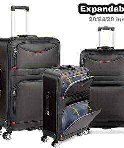 Black Luggage Sets 3pcs Suitcase Sets with Lock Fabric Expandable Carry-on Luggage Set with Durable Spinner Wheels, 3pcs Sets (20/24/28), Lightweight Travel Luggages for Travel, Business Black