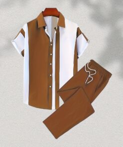 2pcs Men'S Casual Contrasting Short Sleeved Shirt And Pants Set, Spring And Summer