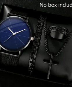 4pcs/set Men'S Watch Jewelry Set | Cool Black Fashion Watch, Stainless Steel Ring, Necklace, and Bracelet, Non-water Resistant, Battery Powered
