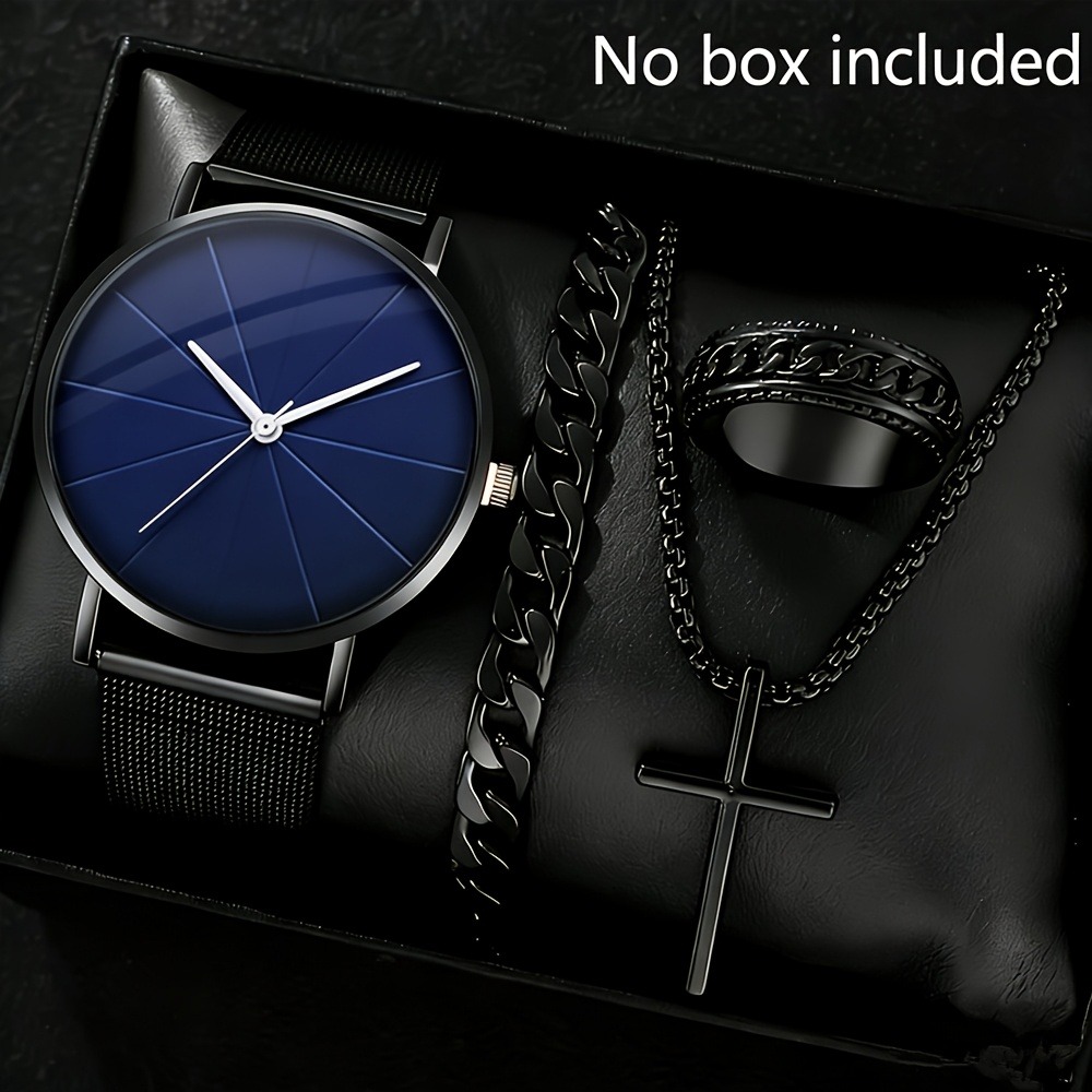 4pcs/set Men'S Watch Jewelry Set | Cool Black Fashion Watch, Stainless Steel Ring, Necklace, and Bracelet, Non-water Resistant, Battery Powered