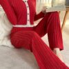 Women'S Elegant Lace Pajama Set - Long Sleeve V-Neck Short Cardigan & Pants with Ruffled Edges, Striped Pattern & Lace Trim, Soft Warm Winter Sleepwear, 354.33inch Pregnancy-Friendly, Luxury Loungewear for Fall/Winter, Casual Elegant Nightwear (No Belt/Hip