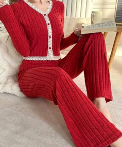 Women'S Elegant Lace Pajama Set - Long Sleeve V-Neck Short Cardigan & Pants with Ruffled Edges, Striped Pattern & Lace Trim, Soft Warm Winter Sleepwear, 354.33inch Pregnancy-Friendly, Luxury Loungewear for Fall/Winter, Casual Elegant Nightwear (No Belt/Hip