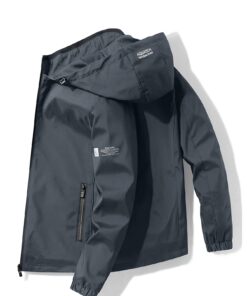 Men's Sporty Black Windbreaker Jacket - Lightweight, Polyester with Hood, Zip-Up Closure, and Dual Pockets for Casual Outdoor Wear
