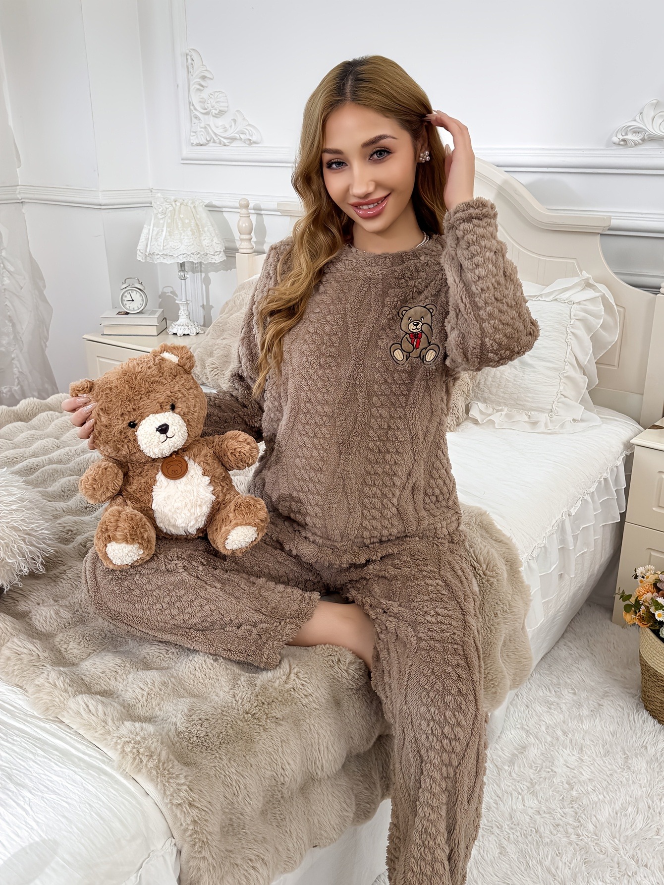 Teddy Bear Pajama Set | Comfortable, Warm, and Cozy Fluffy Teddy Bear Pajamas for Fall and Winter, Crew Neck, Long Sleeve, Pullover Style.