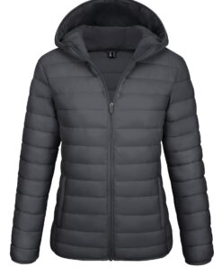 Women's Lightweight Hooded Puffer Jacket - Full-Zip Front, Zippered Pockets - Machine Washable Windproof Coat for Hiking, Travel, Everyday - All-in-One Outdoor Winter Jacket (No Belt Needed)