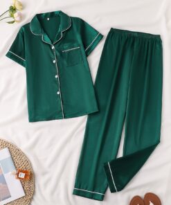 Solid Satin Pajama Set, Casual Short Sleeve Buttons Lapel Top & Shorts, Women'S Sleepwear