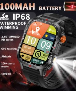 New Smart Watch for Men in 2025 Designed for Outdoor Sports, Featuring a Flashlight, a Large 1100Mah Battery, a Built-In Compass, Over 100 Sports Modes, a 2.01-Inch High-Definition Touch Screen, Wireless Calling, And AI Voice Capabilities. This Outd