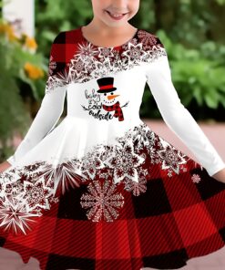 ' Red & Black Christmas Print Stretch A-Line Twirl Skate Dress with Ruffle Sleeves & Round Neck - Knee-Length All-Season Party Dress for Performances, Recitals, Casual Attire - Festive Snowflake & Reindeer Design, Casual to Semi-Formal Outfit, Girl Dresse, Dresse For Girl